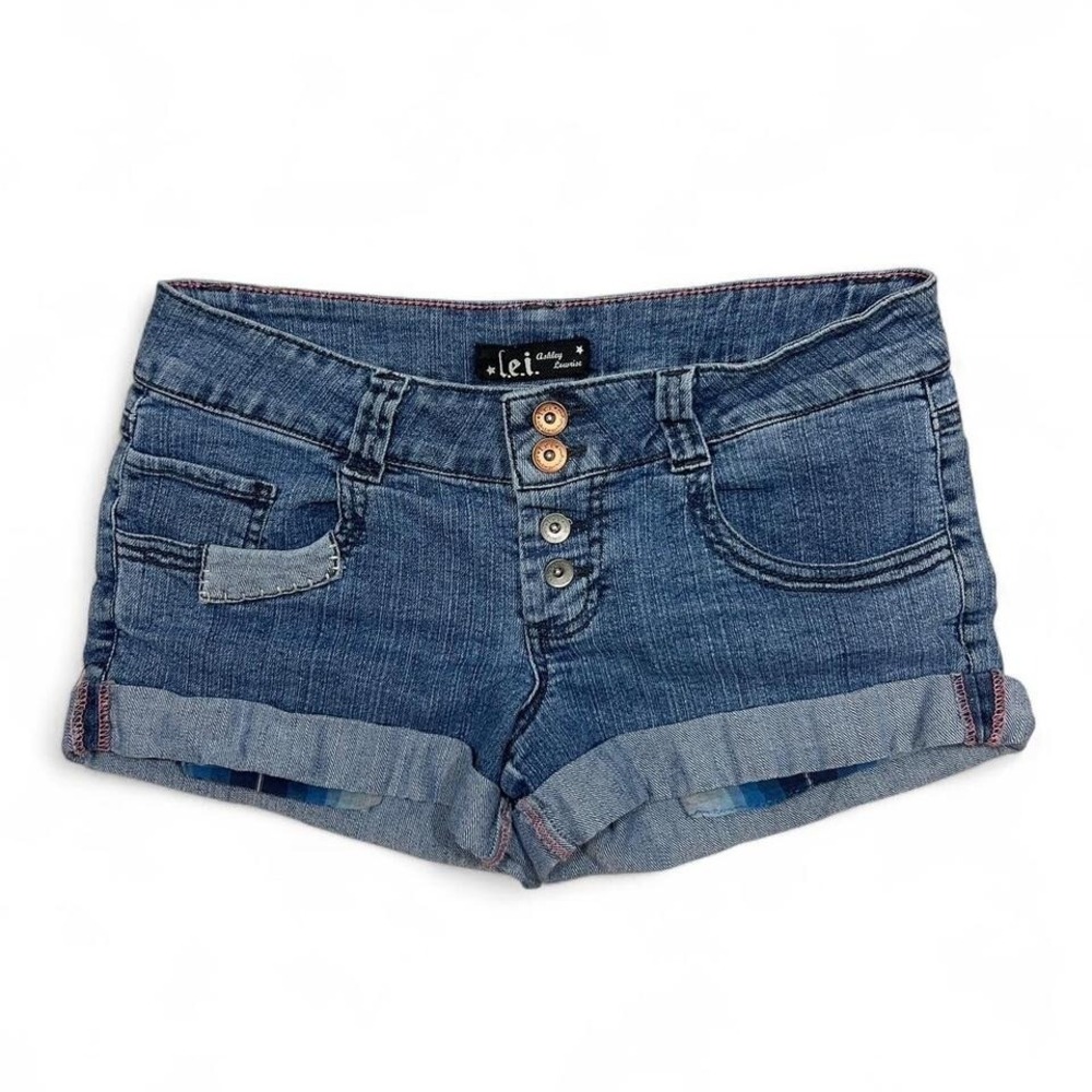 Vintage Y2K‎ LEI Rise Low Denim Shorts Plaid Lining Womens Size 7